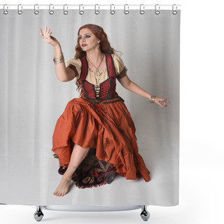 Personality  Full Length Portrait Of Beautiful Red Haired Woman Wearing A Medieval Maiden, Fortune Teller Costume.  Sitting Pose, With Gestural Hands Reaching Out. Isolated On Studio  Shower Curtains