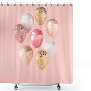 Personality  Set Of Pink, White And Golden Glossy Balloons On The Stick With Sparkles On Pink Background. 3D Render For Birthday, Party, Wedding Or Promotion Banners Or Posters. Vibrant And Realistic Illustration. Shower Curtains