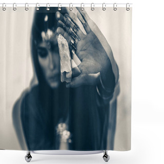 Personality  Close Up Of Woman Holding Magic Stone. Black And White.  Shower Curtains