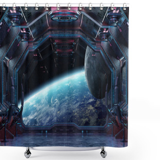 Personality  Grunge Spaceship Blue And Pink Interior With View On Planet Earth 3D Rendering Elements Of This Image Furnished By NASA Shower Curtains