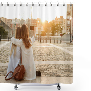 Personality  Back View Photo Of Two Friends Women Outdoors Sitting And Hugging While Take A Selfie. Shower Curtains