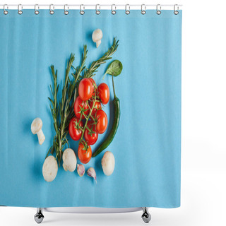 Personality  Top View Of Delicious Fresh Ripe Vegetables On Blue Background Shower Curtains