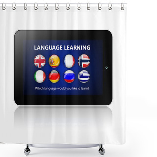 Personality  Tablet With Language Learning Application Over White Shower Curtains