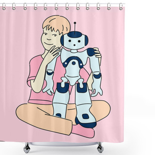 Personality  Vector Illustration Of Robot Android And Boy Shower Curtains