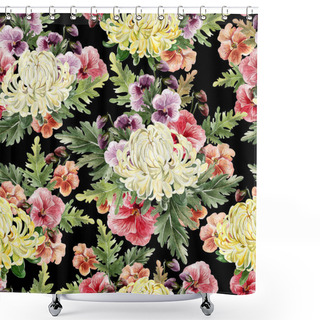 Personality  Bright Watercolor Autumn Seamless Pattern With Flowers Of Chrysanthemum And Violets. Shower Curtains