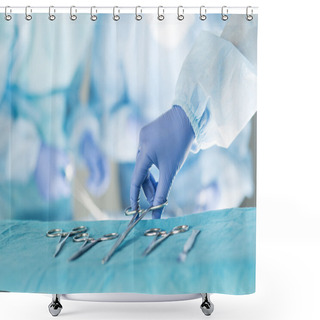 Personality  Close-up Of Scrub Nurse Taking Medical Instruments  Shower Curtains