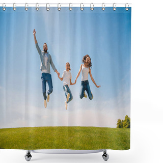Personality  Happy Family Jumping On Meadow Shower Curtains