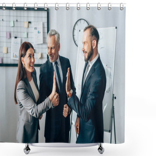 Personality  Smiling Businesspeople Giving High Five Near Mature Colleague In Office  Shower Curtains