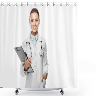 Personality  Cheerful Young Female Doctor In Medical Coat Holding Clipboard Isolated On White Shower Curtains