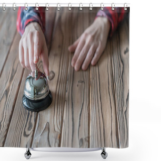 Personality  Hand Of Guest Ringing In Silver Bell. On Wooden Rustic Reception Desk With Copy Space. Hotel, Restaurant Service. Selective Focus Shower Curtains
