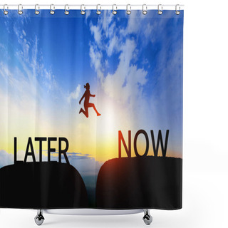 Personality  Woman Jump Through The Gap Between Later To Now On Sunset. Shower Curtains