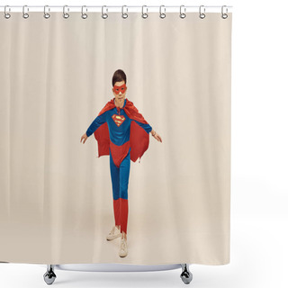 Personality  Courageous Asian Boy In Red And Blue Superhero Costume With Cloak And Mask On Face Celebrating International Day For Protection Of Children On Grey Background  Shower Curtains