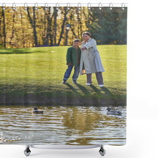 Personality  Happy African American Mother And Son Standing Near Lake, Woman Pointing At Duck, Nature, Autumn Shower Curtains