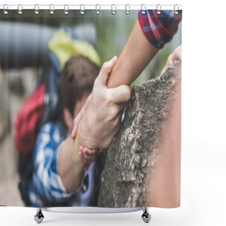 Personality  Woman Helping Boyfriend To Climb Rock Shower Curtains