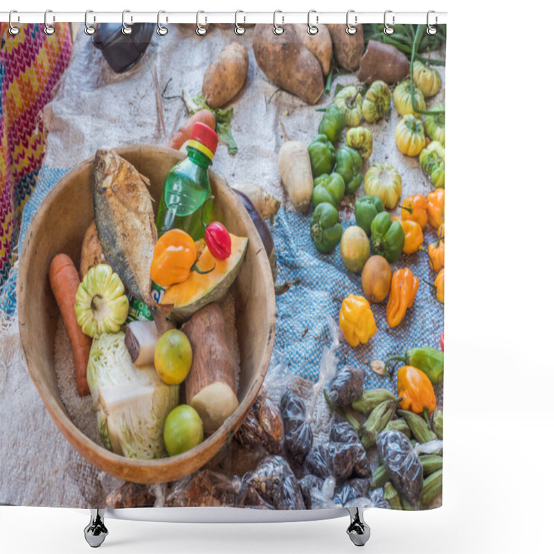 Personality  A wooden bowl with purchases from the local market. Senegal. Africa. shower curtains