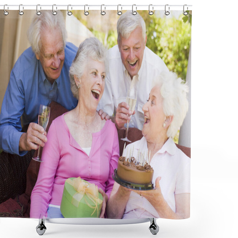 Personality  Two Couples On Patio With Cake And Gift Smiling Shower Curtains