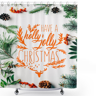 Personality  Flat Lay With Winter Arrangement Of Pine Tree Branches, Cones And Sea Buckthorn On White Backdrop With 