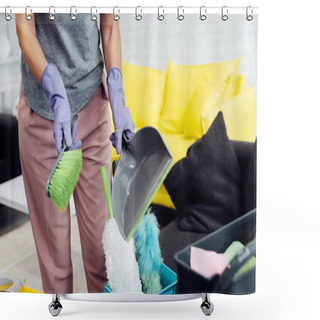 Personality  Close Up Of Woman In Gloves With Household Supplies Shower Curtains