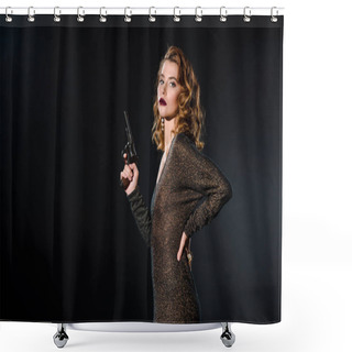 Personality  Dangerous And Attractive Girl Holding Gun While Standing With Hand On Hip Isolated On Black  Shower Curtains