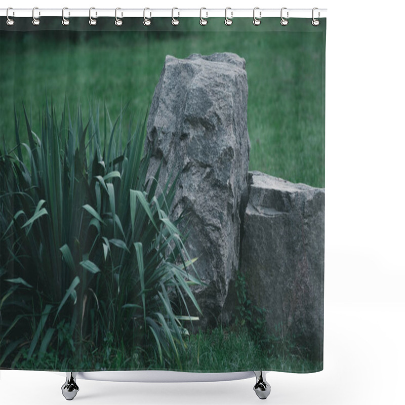 Personality  Decorative Bush And Rocks On Meadow In Botanical Garden Shower Curtains