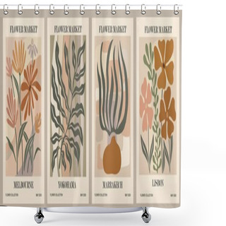 Personality  Set Of Abstract Flower Posters. Trendy Botanical Wall Arts With Floral Design In Earth Tone Colors. Modern Naive Groovy Funky Interior Decorations, Paintings. Vector Art Illustration. Shower Curtains