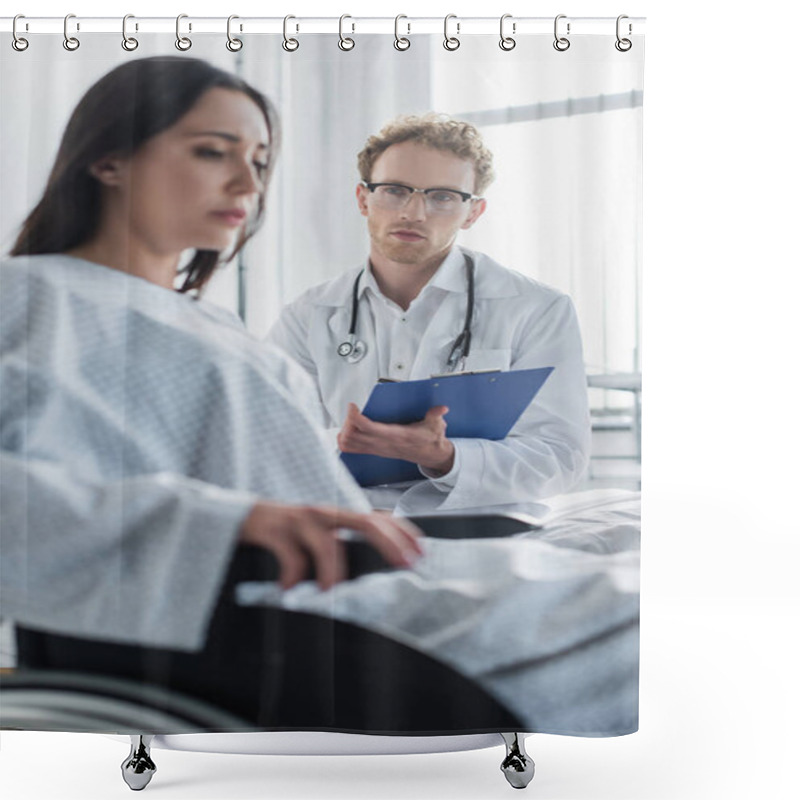 Personality  Curly Doctor Holding Clipboard Near Disabled Woman In Wheelchair  Shower Curtains