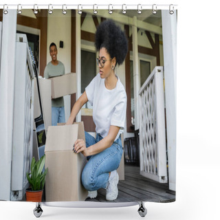 Personality  African American Woman Unpacking Cardboard Box Near Blurred Boyfriend And New House Shower Curtains