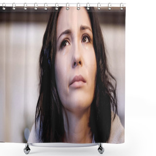 Personality  Close Up View Of Upset Woman Crying With Tears And Looking Up At Home Shower Curtains