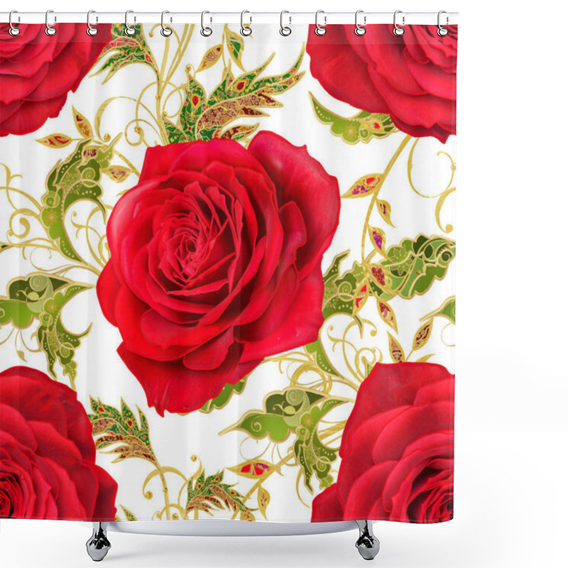 Personality  Seamless Pattern. Golden Textured Curls. Brilliant Lace, Stylized Flowers, Red Rose. Openwork Weaving Delicate, Golden Background, Paisley. Shower Curtains