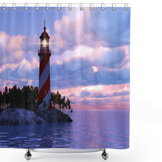 Personality  Dramatic Sunset With Lighthouse On Island In Sea Shower Curtains