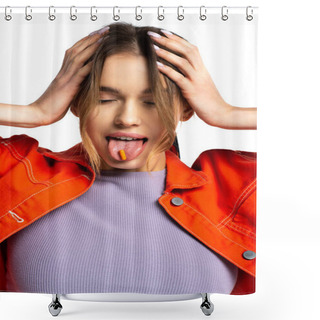 Personality  Woman Sticking Out Tongue With Capsule Isolated On White  Shower Curtains