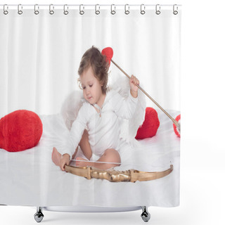 Personality  Little Cherub Sitting On Bed With Bow And Arrow, Isolated On White Shower Curtains