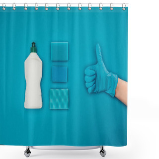 Personality  Cropped Image Of Woman Showing Thumb Up In Rubber Protective Glove Isolated On Blue Shower Curtains