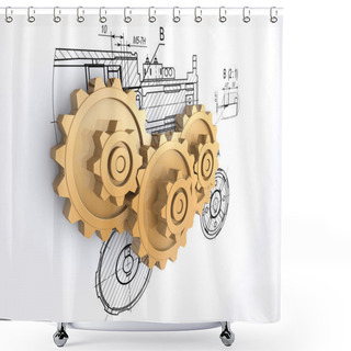 Personality  Three Golden Gears Against A Background Of Engineering Drawings With Shadow Shower Curtains