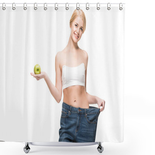 Personality  Beautiful Slim Girl In Oversized Jeans Holding Fresh Apple And Smiling At Camera Isolated On White Shower Curtains