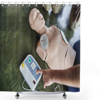 Personality  Partial View Of Professional Medical Instructor Operating Defibrillator On CPR Manikin Near Young Participants Of First Aid Seminar, High Angle View, Health Care And Life-saving Techniques Concept Shower Curtains