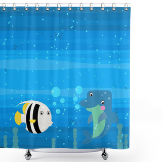 Personality  Cheerful Cartoon Underwater Scene With Swimming Coral Reef Fishes Illustration For Children Shower Curtains