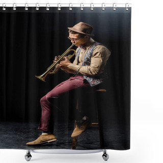 Personality  Stylish Mixed Race Male Musician Playing On Trumpet While Sitting On Chair On Black  Shower Curtains