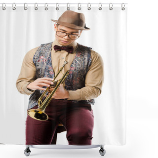 Personality  Young Male Jazzman Holding Trumpet And Sitting On Chair Isolated On White Shower Curtains