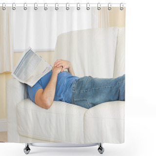 Personality  Casual Man Sleeping On Couch With Newspaper On His Head Shower Curtains