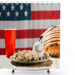 Personality  Close-up View Of Baseball Ball And Glove, Peanuts And Red Plastic Cup Shower Curtains