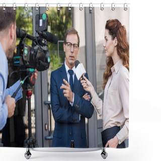 Personality  Professional Cameraman And News Reporter Talking With Serious Businessman  Shower Curtains