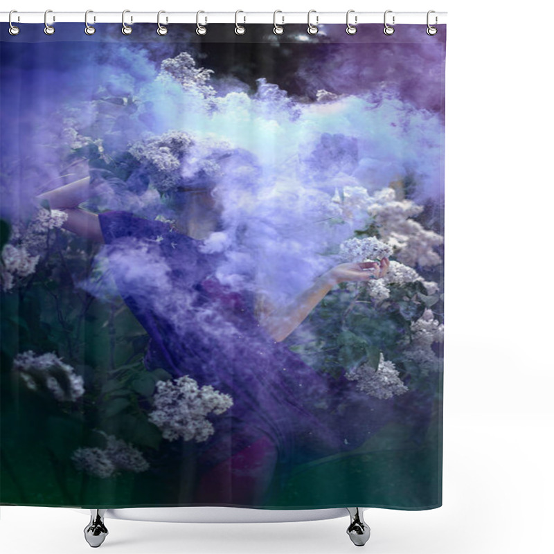 Personality  Girl In Blue Smoke In A Lilac Bush Dressed In A Sari Shower Curtains