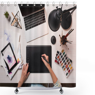 Personality  Office Desk With Laptop, Art Supplies And Cropped View Of Designer Using Graphics Tablet And Pen, Flat Lay Shower Curtains