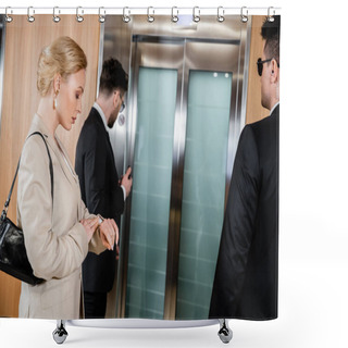 Personality  Bodyguard Service, Personal Protection, Blonde Woman In Formal Wear Checking Time On Wristwatch And Standing Near Elevator, Security Personnel Protecting Successful Businesswoman In Hotel  Shower Curtains