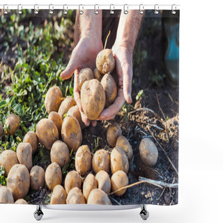 Personality  Cropped View Of Senior Self-employed Farmer Holding Potatoes  Shower Curtains