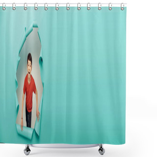 Personality  Shocked Asian Preteen Boy In Casual Clothes Looking At Camera During Child Protection Day Celebration Behind Hole In Blue Paper Background, Banner  Shower Curtains
