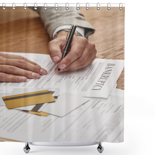 Personality  Partial View Of Businessman Filling In Bankruptcy Form At Wooden Table With Documents And Credit Cards Shower Curtains