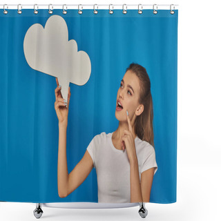 Personality  Curious Young Woman With Open Mouth Looking At Blank Thought Bubble On Blue Background, Emotional Shower Curtains