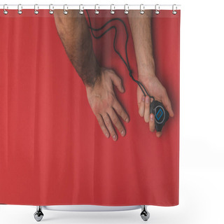 Personality  Cropped Shot Of Sports Trainer Holding Stopwatch On White Surface Shower Curtains